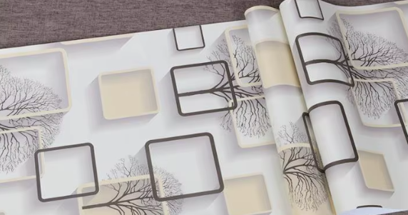 Самозалепващ 5D PVC тапет Квадрати и дървета – Бежов, 45 см × 10 м