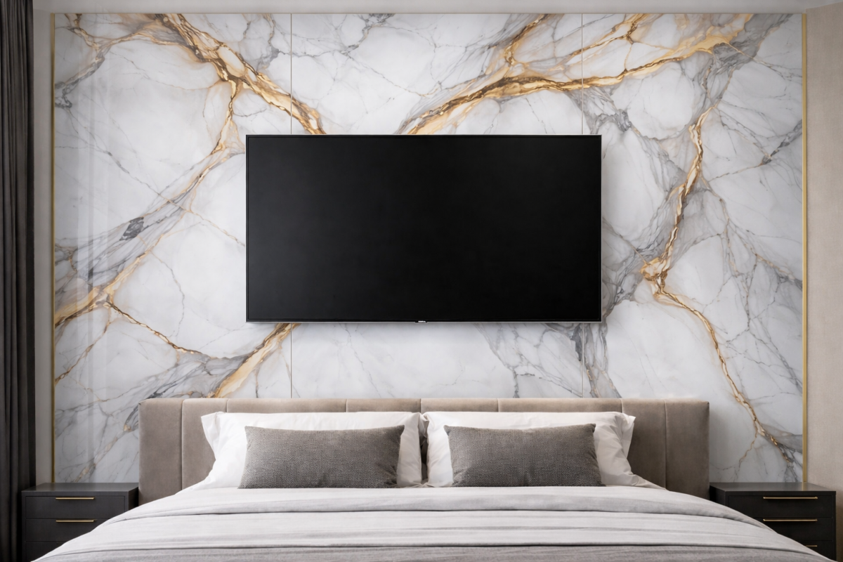 PVC стенен панел INTER 42 – бял мрамор със златни жилки 120×280 см