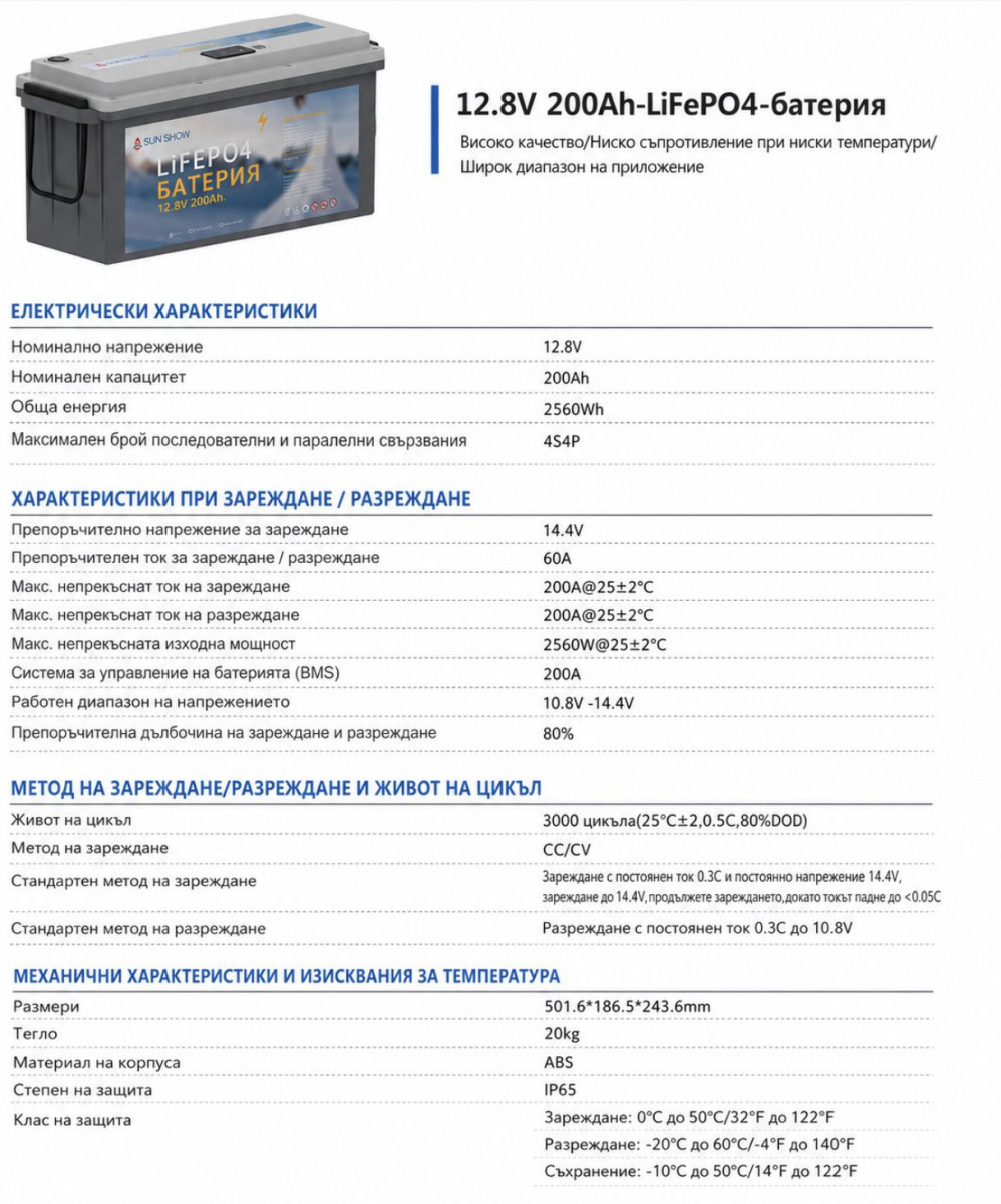 LiFePO4 литиева батерия 12.8V 200Ah (2560Wh) Smart BMS 200A